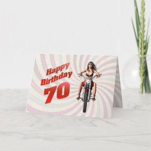 70e carte d'anniversaire avec une fille de moto