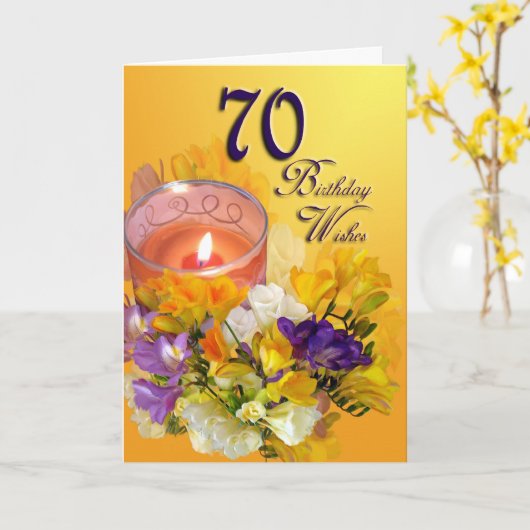 70e Carte d'anniversaire joyeuse - freesias et bou (Fleur jaune)