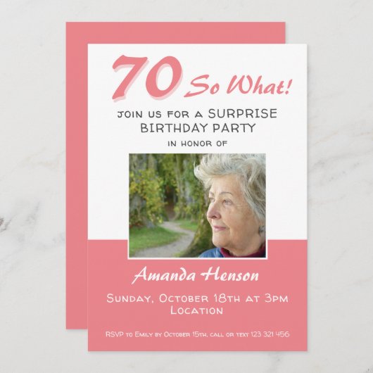 70e Carte d'invitation photo d'anniversaire surpri (Devant / Derrière)