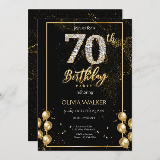 70e Diamond Zwart en Goud Verjaardag Kaart (Voorkant / Achterkant)