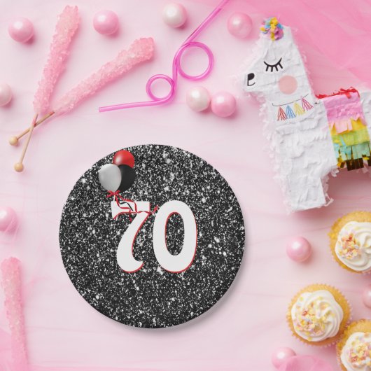 70e geboortedag ballonnen op zwarte glitter papieren bordje (Feest)