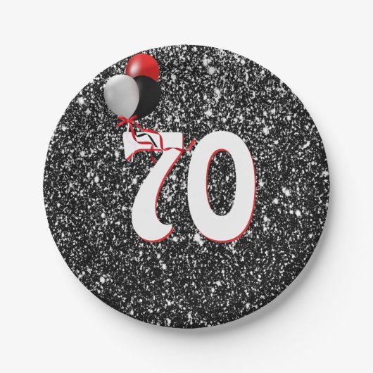70e geboortedag ballonnen op zwarte glitter papieren bordje (Voorkant)
