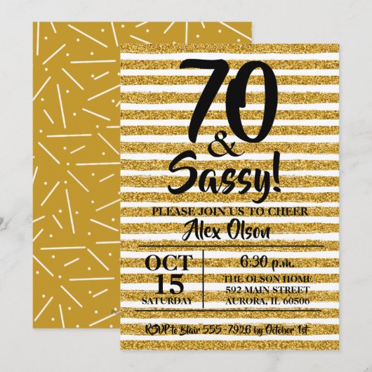 70e Gold Glitter Stripes Birthday Invitations (Voorkant / Achterkant)
