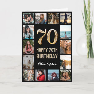 70e Happy Birthday Black en Gold Photo Collage Kaart