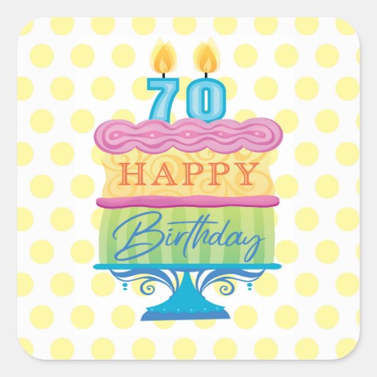 70e Happy Birthday Cake Yellow Stippen Vierkante Sticker (Voorkant)