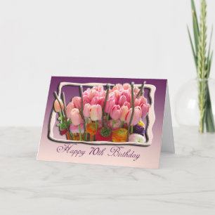 70e Happy Birthday Kaart - Roze tulpen