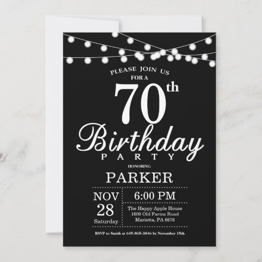 70e Invitation d'anniversaire noir et blanc (Devant)