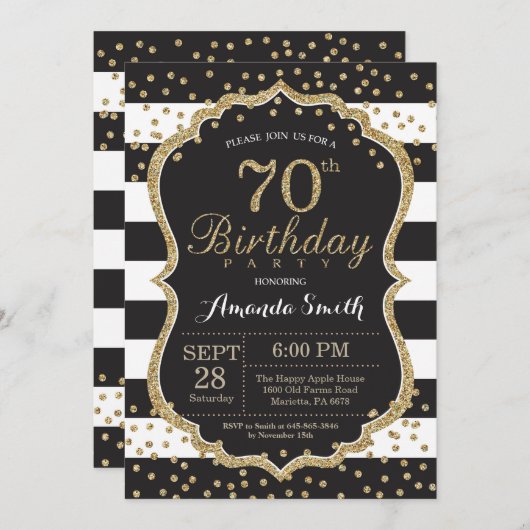70e Invitation d'anniversaire. Parties scintillant (Devant / Derrière)