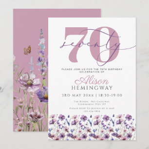 70e Paarse Bloemen Vlinderverjaardag Kaart