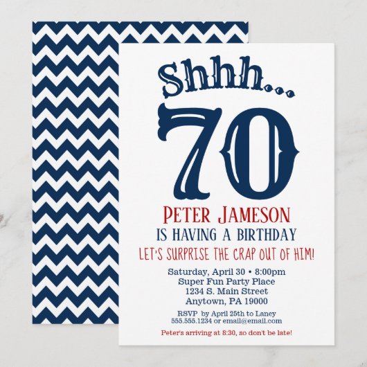 70e Surprise Birthday Invitation Mannen Navy Blue Kaart (Voorkant / Achterkant)