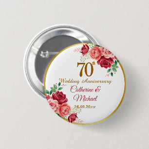 70e trouwjubileum gouden lijst bloemen ronde button 5,7 cm