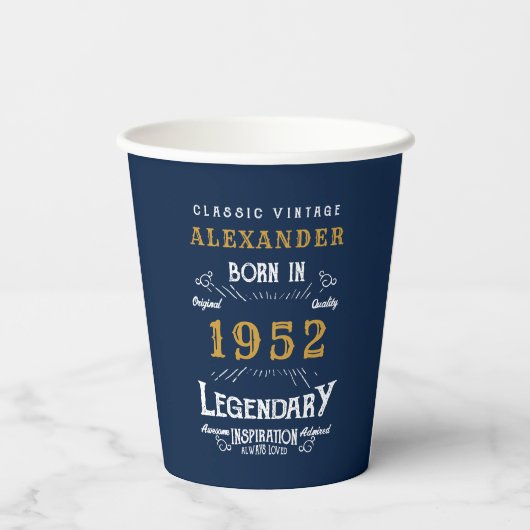 70e verjaardag 1952 Blue Gold Add Name Retro Papieren Bekers (Achterkant)