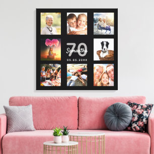70e verjaardag aangepaste foto collage zwart monog canvas afdruk