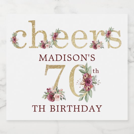 70e verjaardag Aangepaste gouden bloem Sparkling Wijnetiket (Enkel label)