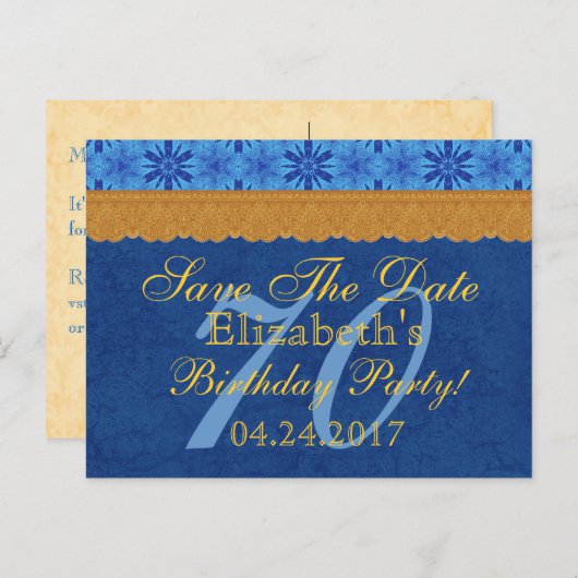 70e verjaardag Bewaar de datum Blauw en Goud Kant Aankondigingskaart (Voorkant / Achterkant)