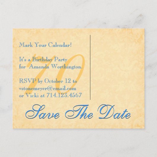 70e verjaardag Bewaar de datum Blauw en Goud Kant Aankondigingskaart (Achterkant)