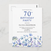 70e verjaardag Blauwe Bloemen Uitnodiging (Voorkant / Achterkant)