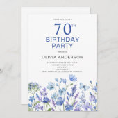 70e verjaardag Blauwe Bloemen Uitnodiging (Voorkant / Achterkant)