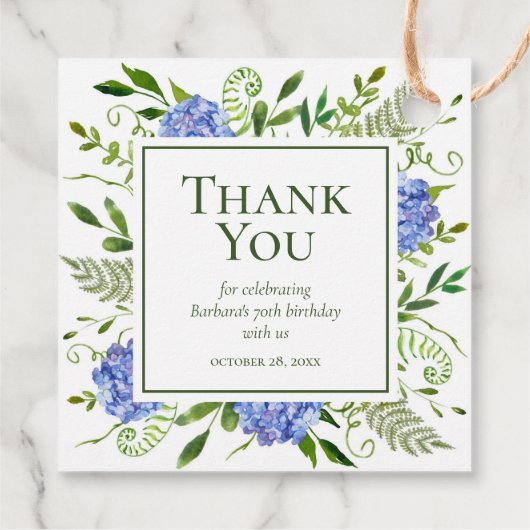 70e verjaardag blauwe hortensia's dank u bedankjes labels (Achterkant)