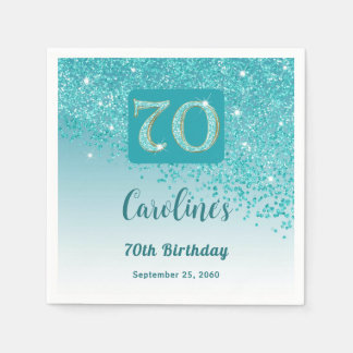 70e Verjaardag  Blauwgroen Blue Glitter servetten