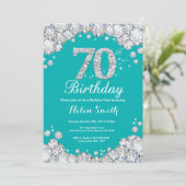 70e verjaardag Blauwgroen uitnodiging en Silver Di (Staand voorkant)