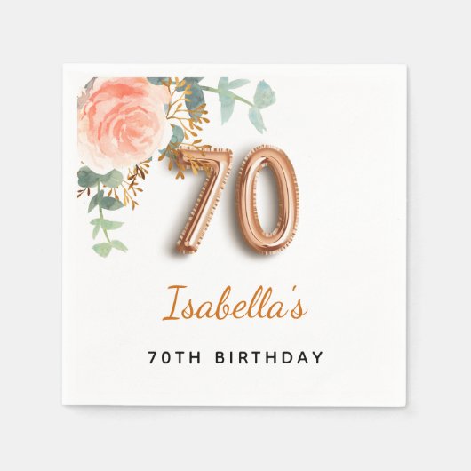 70e verjaardag bloem roos goud eucalyptusmonogram servet (Voorkant)