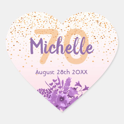 70e verjaardag blush violet floral name hart sticker (Voorkant)