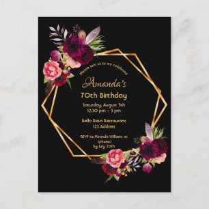 70e verjaardag bogundy floral gold geometric black briefkaart