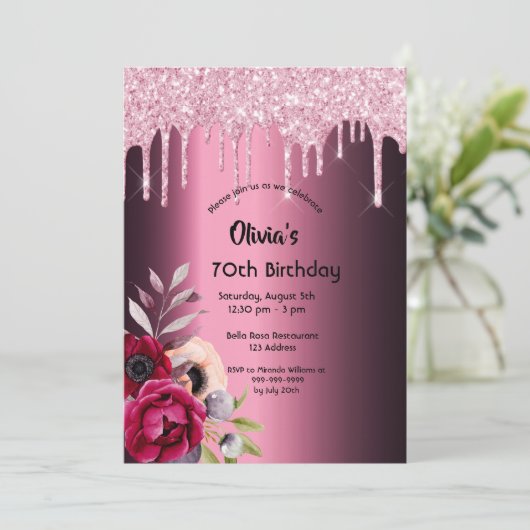 70e verjaardag bogundy roze glitter druppelt bloem kaart (Staand voorkant)