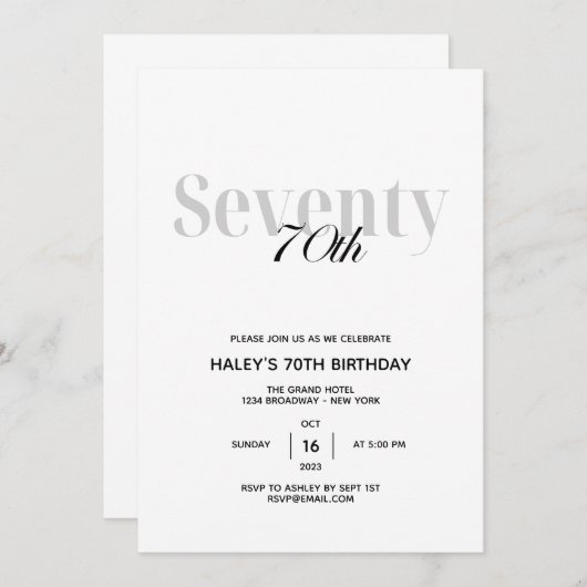 70e verjaardag Elegant Chic Black en White Kaart (Voorkant / Achterkant)