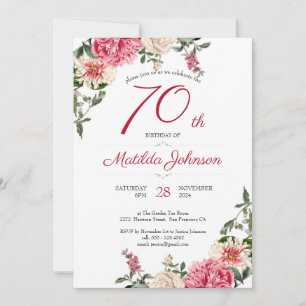 70e verjaardag Elegant Floral Pink Red Custom Part Kaart