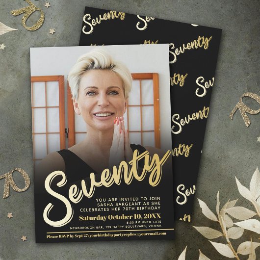 70e verjaardag fotoscript platte gouden kleur kaart