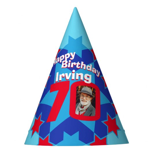 70e verjaardag gepersonaliseerde foto ster naam pe feesthoedjes (Voorkant)