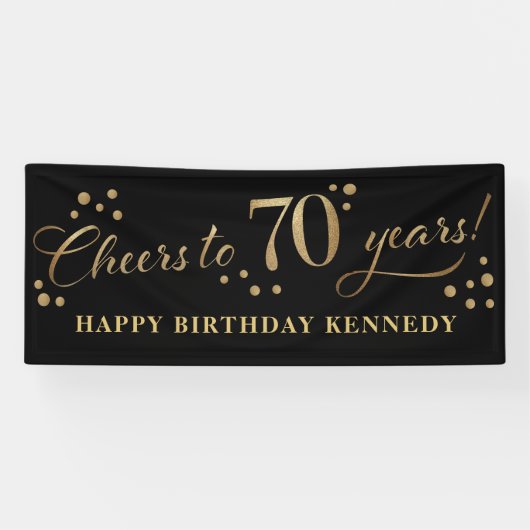 70e verjaardag Glitter Zwart en Goud Spandoek (Horizontaal)