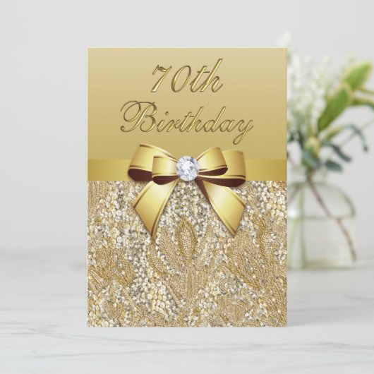 70e verjaardag Gold Faux Sequins and Bow Kaart (Staand voorkant)