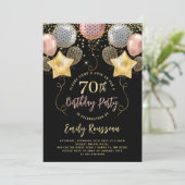 70e verjaardag Gold Glitter Confetti Balloons Blac Kaart (Staand voorkant)
