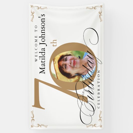 70e verjaardag Gold White Calligrafie Aangepaste f Spandoek (Verticaal)