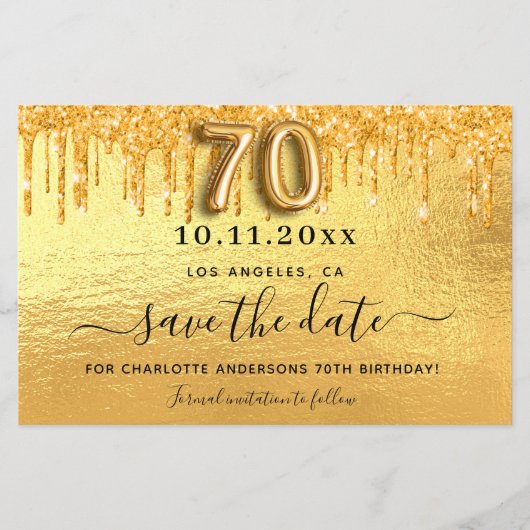 70e verjaardag Gouden glitter Bewaar de datumkaart (Voorkant)