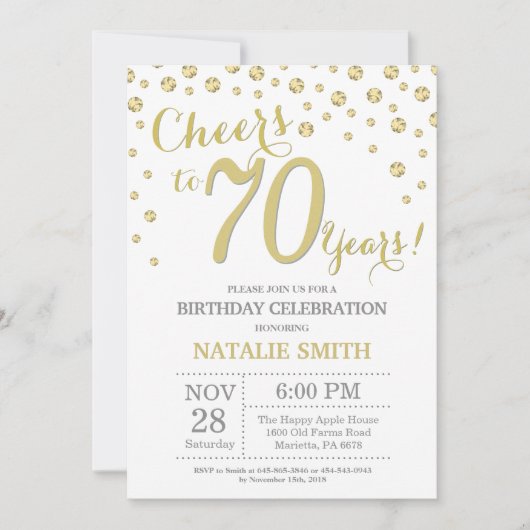 70e verjaardag Gouden Glitter Diamond uitnodiging (Voorkant)