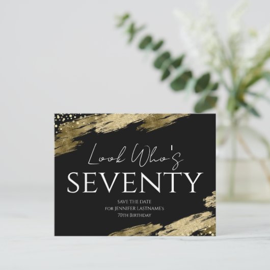 70e verjaardag Kijk wie Goud Zwart Save the Date Briefkaart (Staand voorkant)
