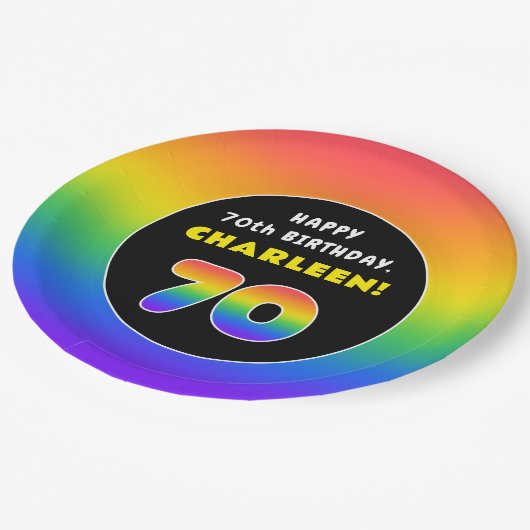 70e verjaardag: kleurrijke regenboog # 70, aangepa papieren bordje (Gekanteld)
