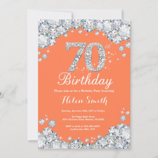 70e verjaardag Koraal en Zilveren Diamant Kaart (Voorkant)