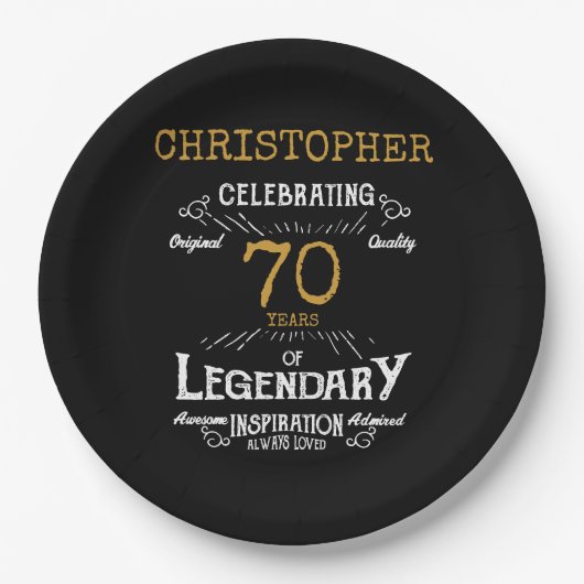 70e verjaardag Legendary Zwart Goud Retro Papieren Bordje (Voorkant)