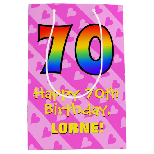 70e verjaardag: Leuke roze harten strepen; Regenbo Medium Cadeauzakje (Voorkant)