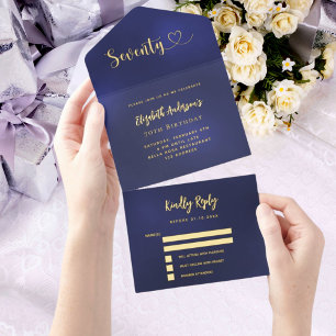 70e verjaardag marine blauw goud rsvp all in one uitnodiging