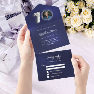 70e Verjaardag marine blauw zilver foto rsvp All In One Uitnodiging
