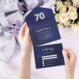 70e Verjaardag marine blauw zilver rsvp All In One Uitnodiging