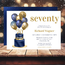 70e verjaardag marineblauwe ballon cake kaart