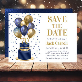 70e verjaardag marineblauwe ballon cake save the date