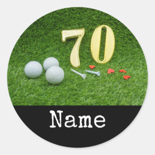 70e verjaardag met golfbal en t-shirt op groen ronde sticker